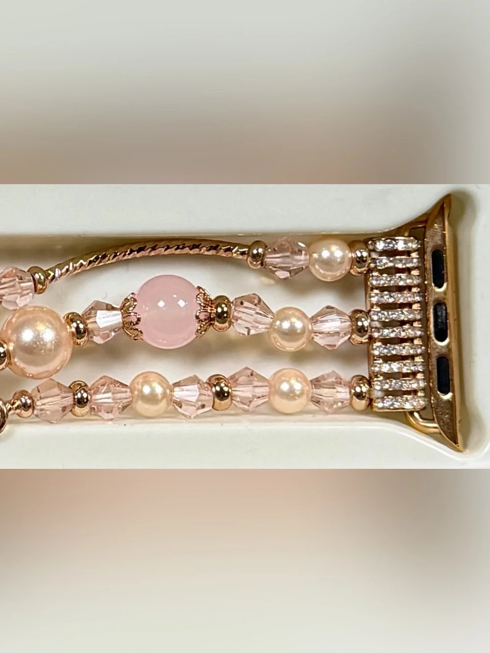 42mm Apple Watch Gold Bling Pink Pearl Crystal Stretch Beaded Bracelet Strap